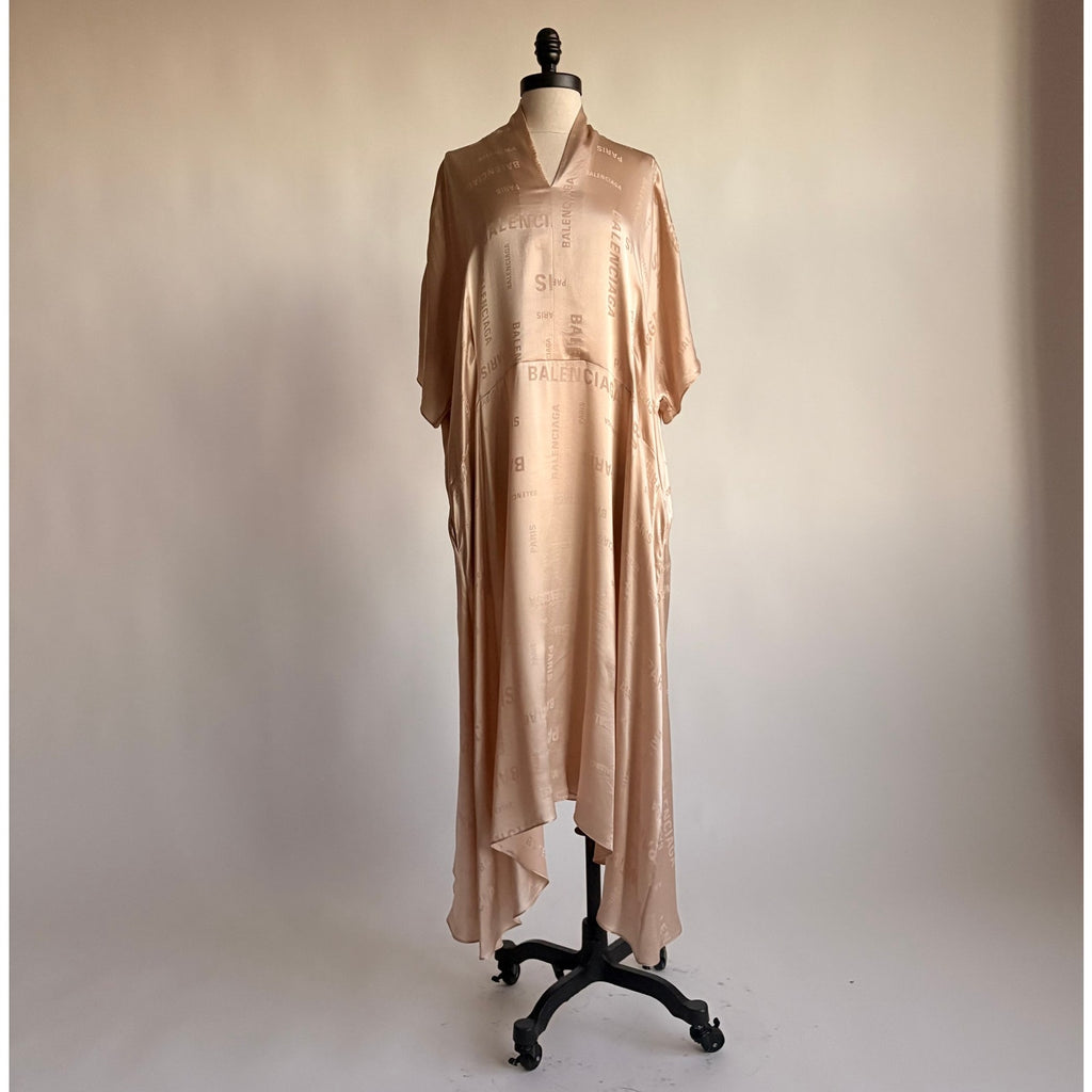Vintage Balenciaga Champagne Beige Silk Jacquard Logo Midi Dress
