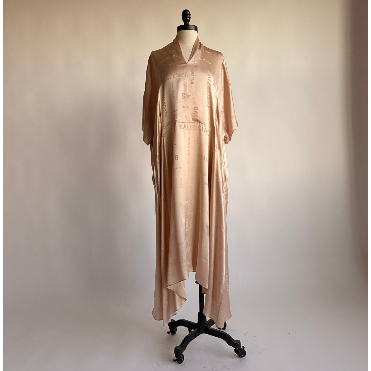 Vintage Balenciaga Champagne Beige Silk Jacquard Logo Midi Dress