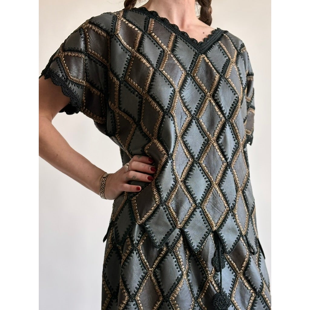Vintage 1970s Handmade Turkish Diamond Patchwork Leather Top