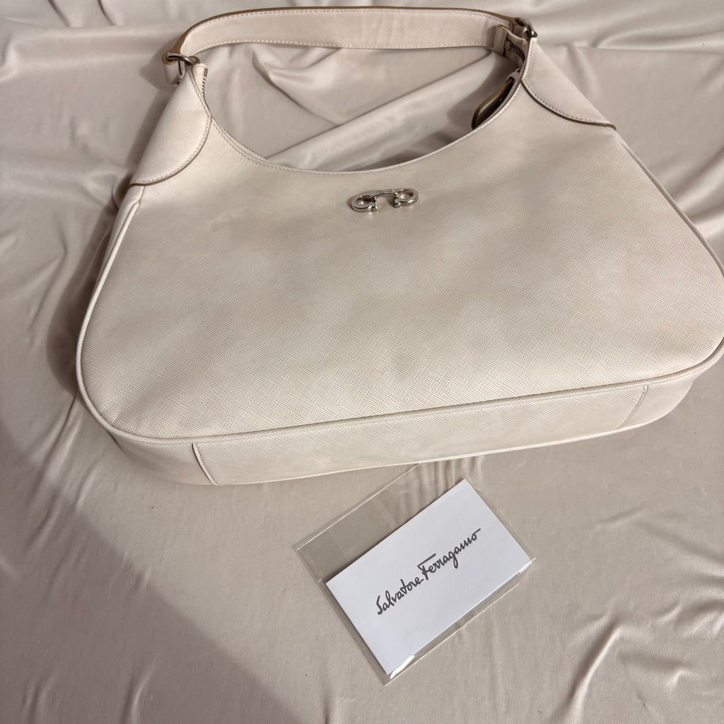 Ferragamo Gancini Romana Hobo Bag - White Saffiano Leather
