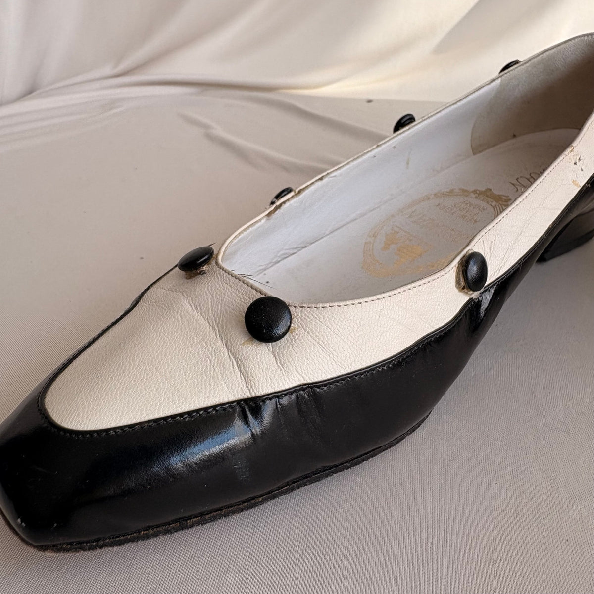 Vintage Delman Black & White Leather Low Block Heels - Button Detail, 1" Heel