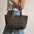 Vintage Fendi Zucchino Roll Tote - Black & Tan Textured Canvas