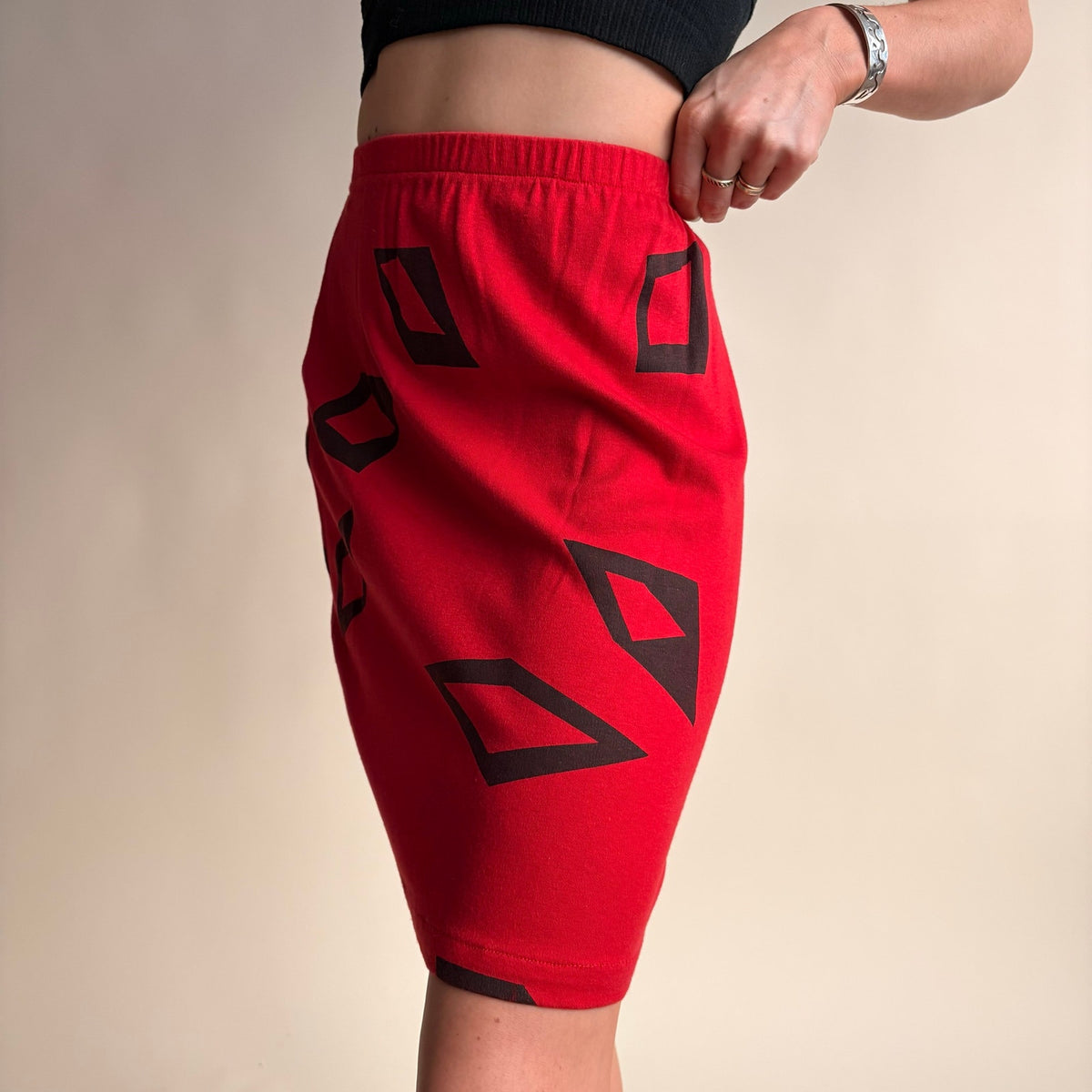 James Berry for Bergdorf Goodman Red Mini Skirt - Hand-Screened Black Diamonds, 80s, Size Small