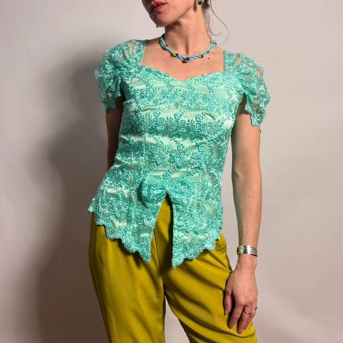Vintage  Teal Lacy Cap Sleeve Blouse - Asymmetrical Hem- Small