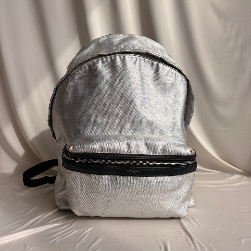 Saint Laurent Silver Metallic Leather City Backpack, 2017