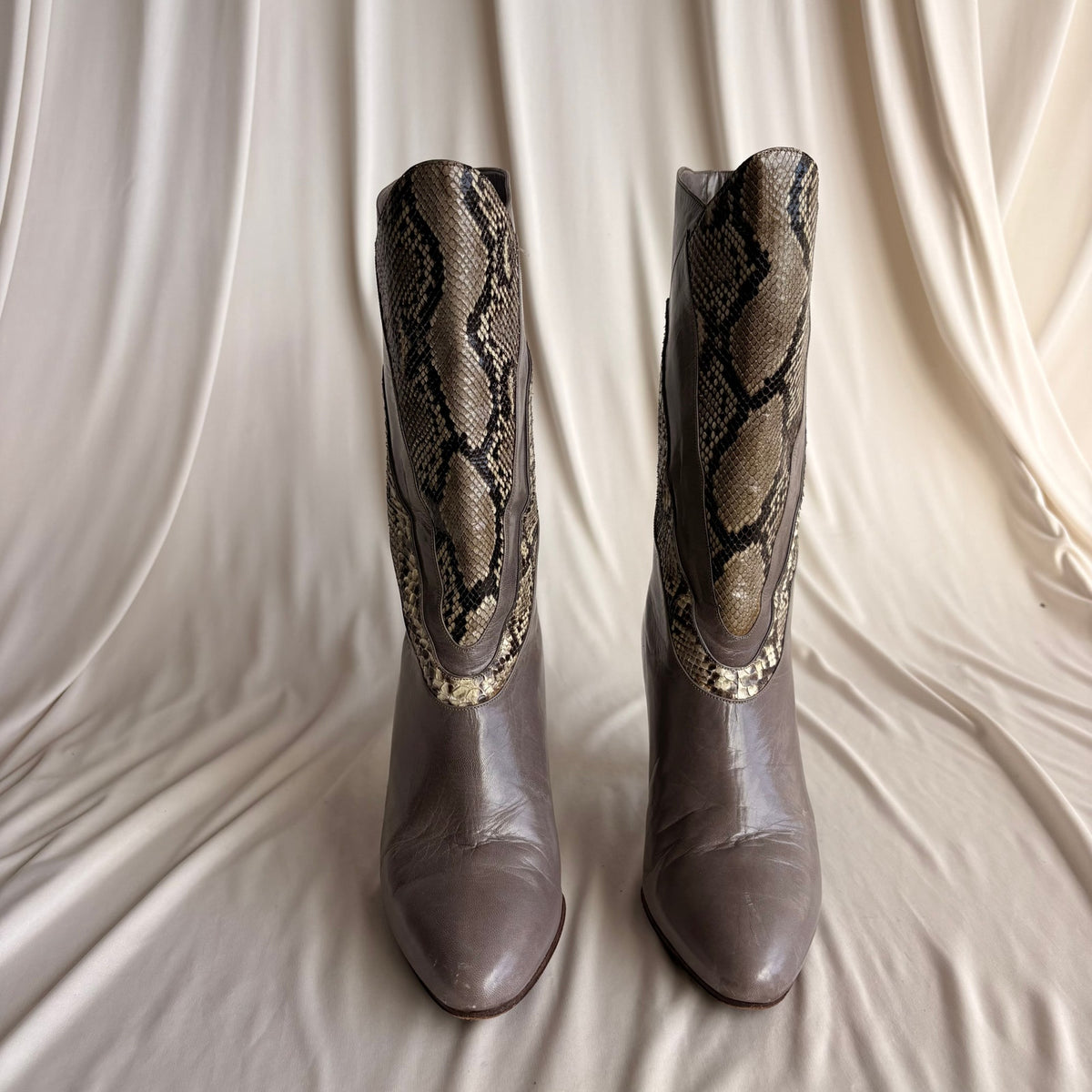 Bruno Magli Color-Block Mid-Calf Boots -  Grey & Snakeskin, EU 36