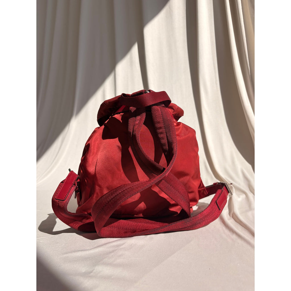 Vintage Prada Red Tessuto Vela Nylon Drawstring Backpack