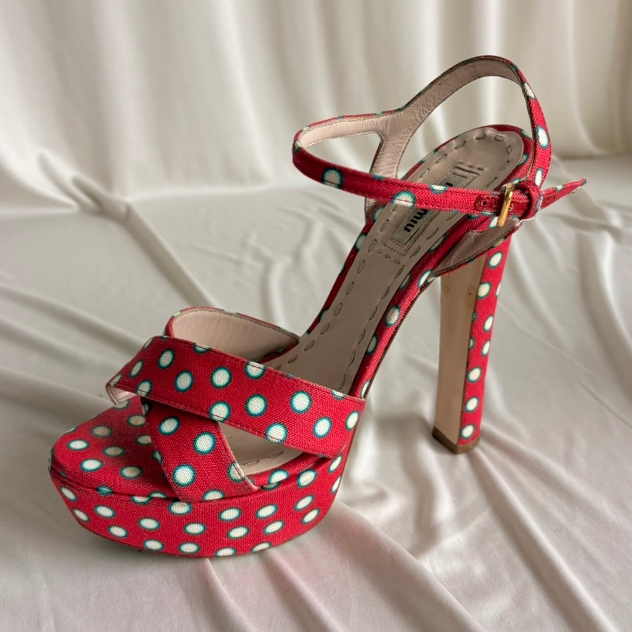 Miu Miu Polka-Dot Canvas Platform Sandals - 2010 SS Collection, EU 37/US 7