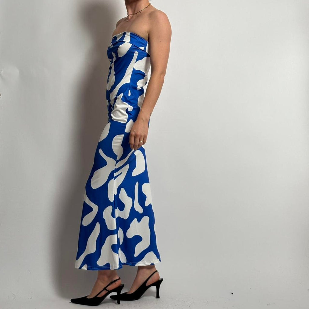 Blue & White Abstract Bodycon Maxi Dress - Fits Small