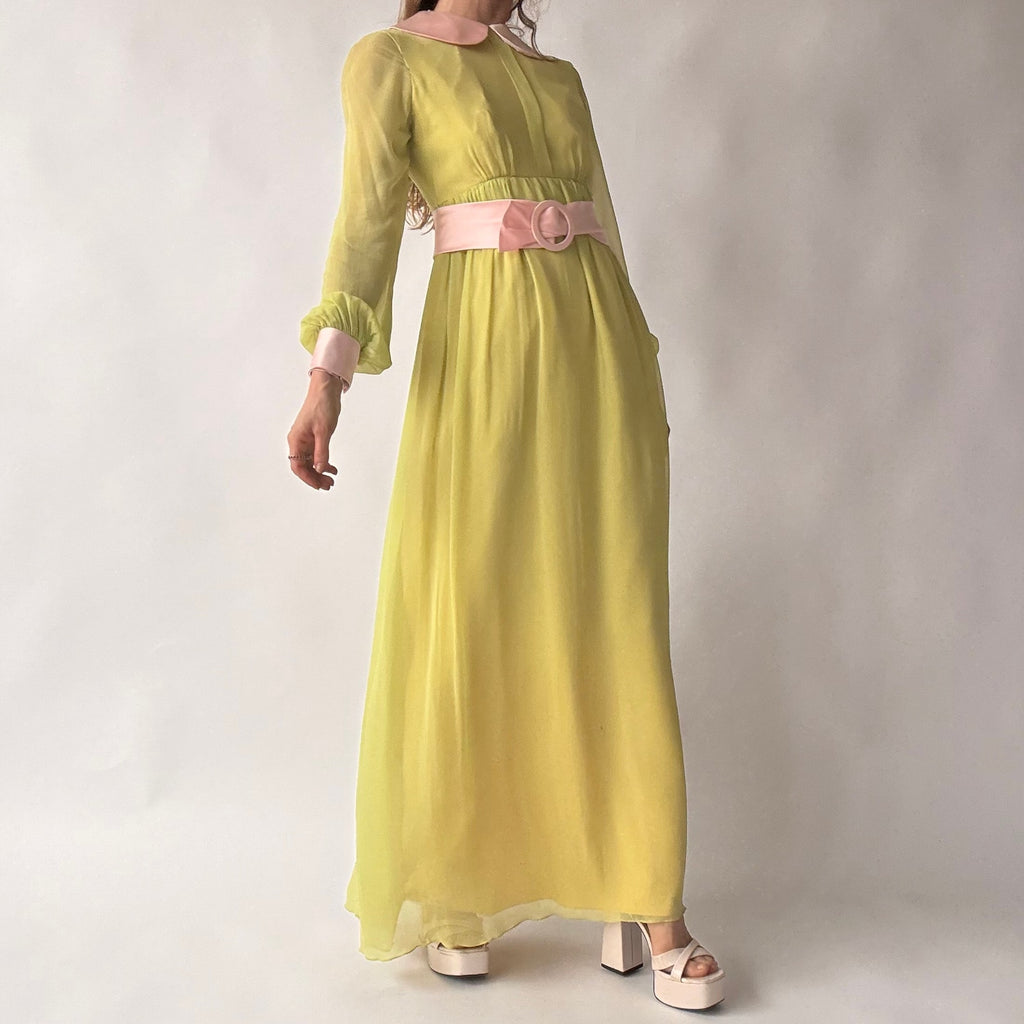 Vintage 60s/70s Chartreuse Peter Pan Collar Maxi Dress w/ Belt