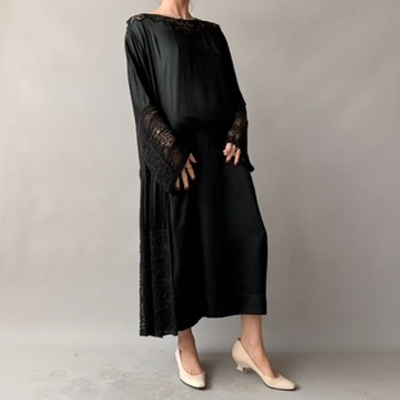 Antique 1920s Black Silk Satin Hand-Beaded Lace Shift Dress