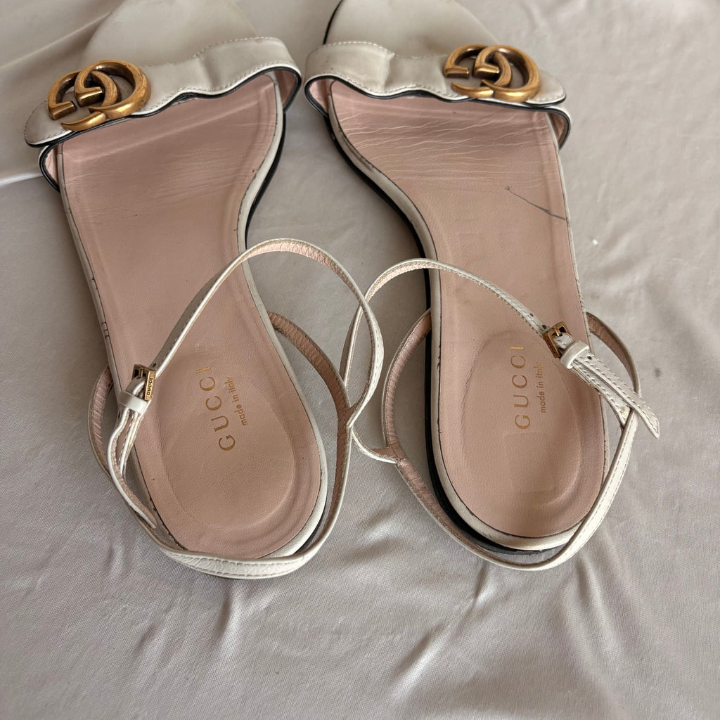 Gucci Double G Lifford White Calfskin  Flat Ankle Wrap Sandals - 39
