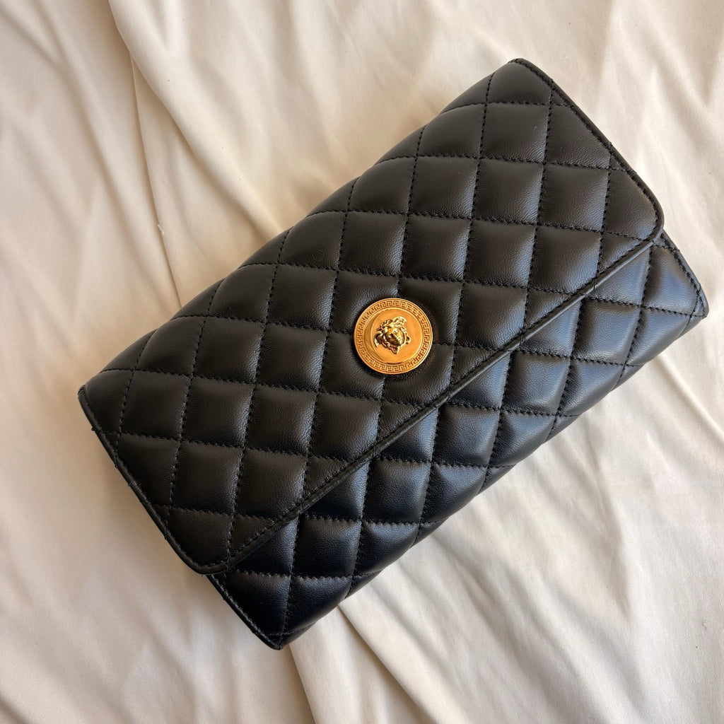 Versace Quilted Lambskin Leather Clutch - Black, Gold Hardware, NWOT