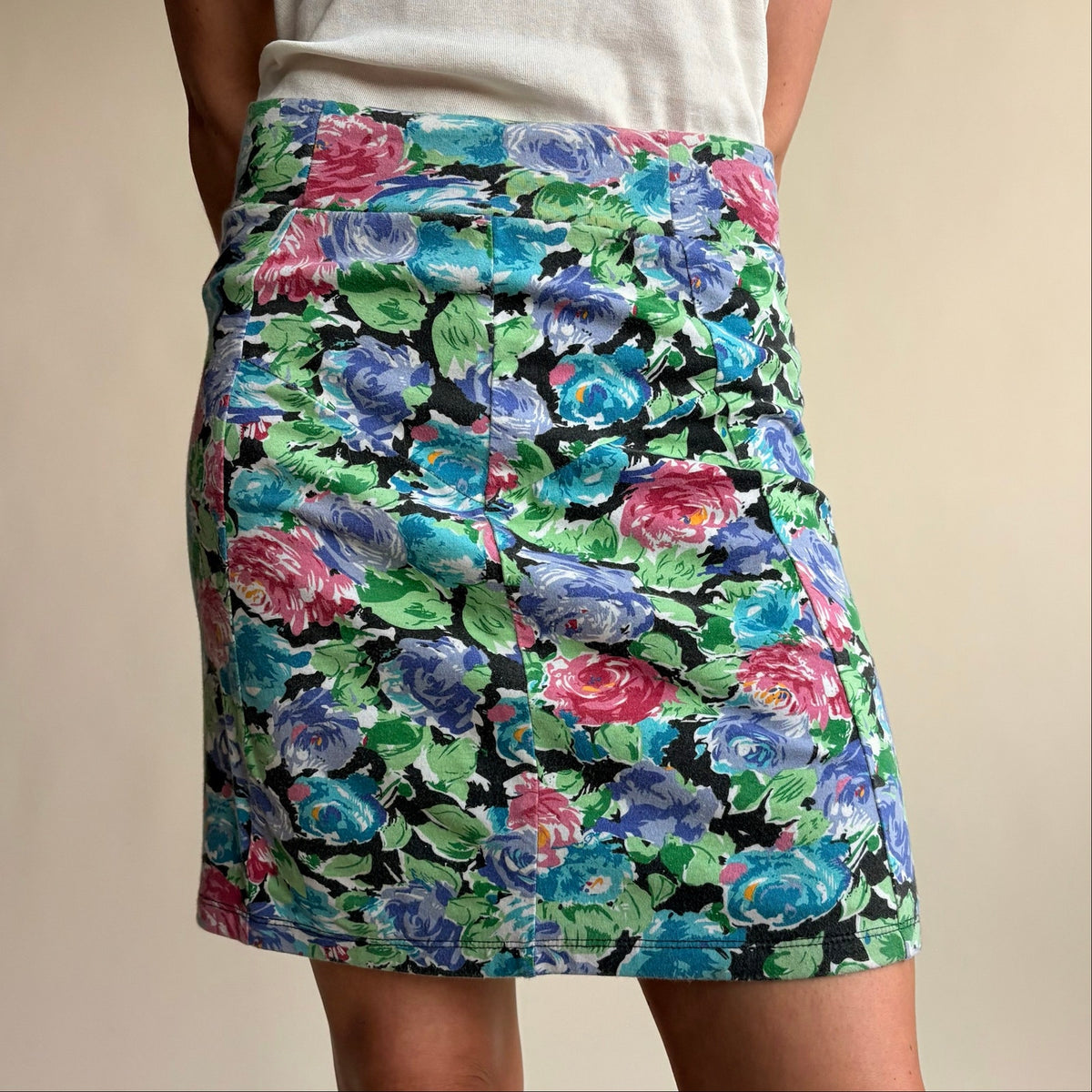 Cotton On Floral Bodycon Mini Skirt - Black, Blue, Pink, Green Rose Pattern, Size Small