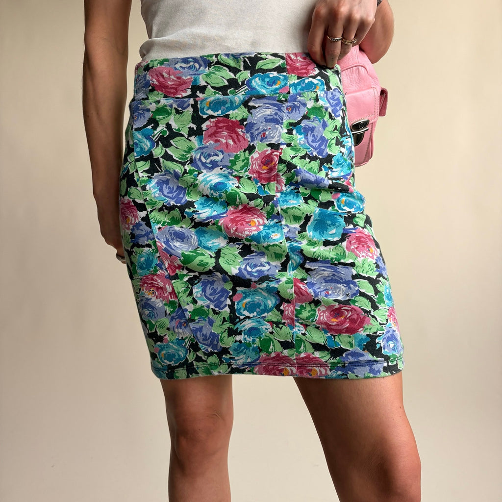 Cotton On Floral Bodycon Mini Skirt - Black, Blue, Pink, Green Rose Pattern, Size Small