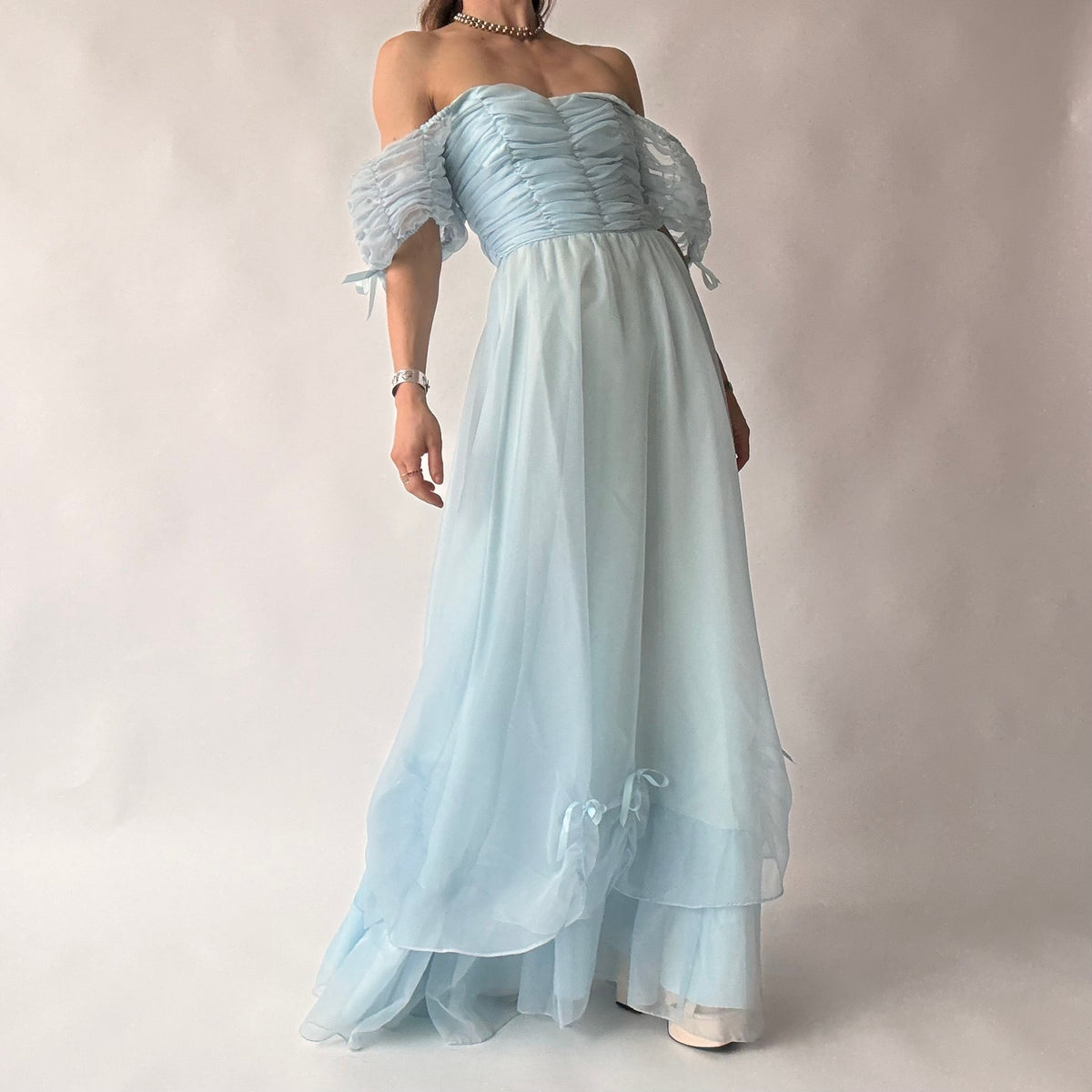Roberta of California Vintage Powder Blue Ruched Off-Shoulder Gown
