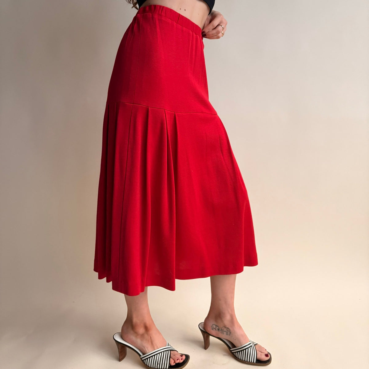 Cherry Red Drop Waist Pleated Midi Skirt - Elastic Waist, Size Small