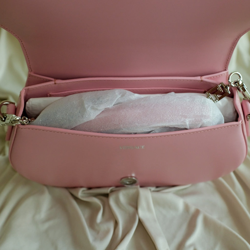 Versace Pink Medium La Greca Goddess Logo Leather Shoulder Bag