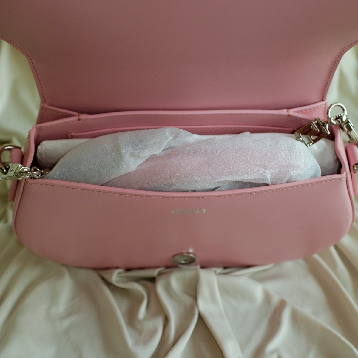 Versace Pink Medium La Greca Goddess Logo Leather Shoulder Bag