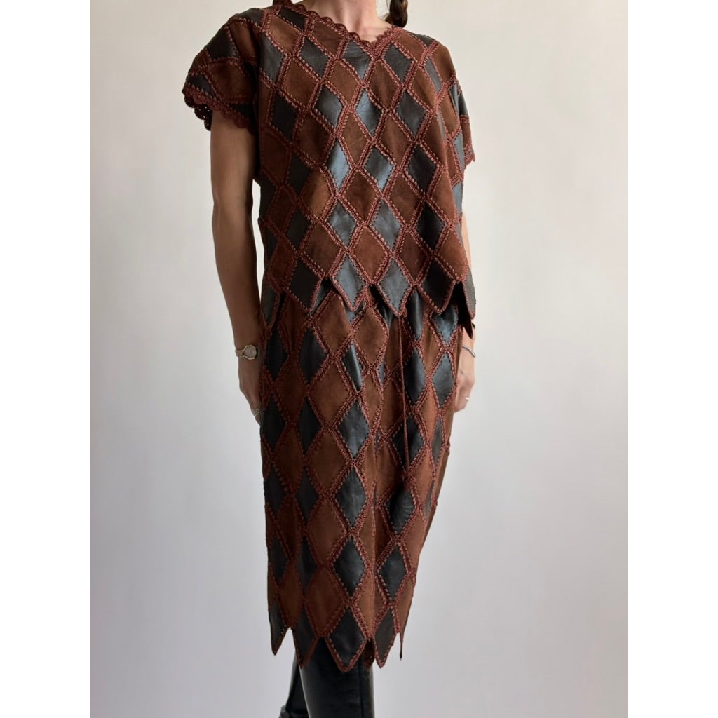 Vintage 1970s Handmade Turkish Diamond Patchwork Leather Skirt