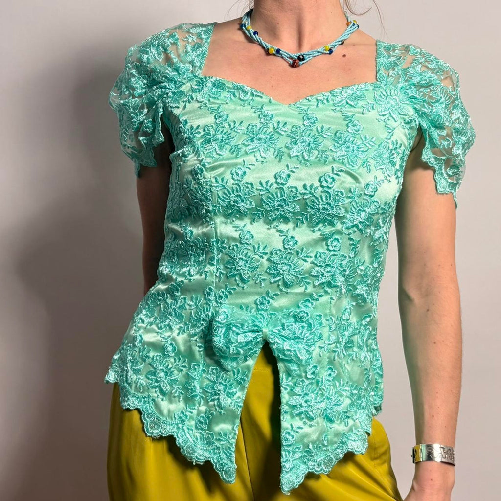Vintage  Teal Lacy Cap Sleeve Blouse - Asymmetrical Hem- Small
