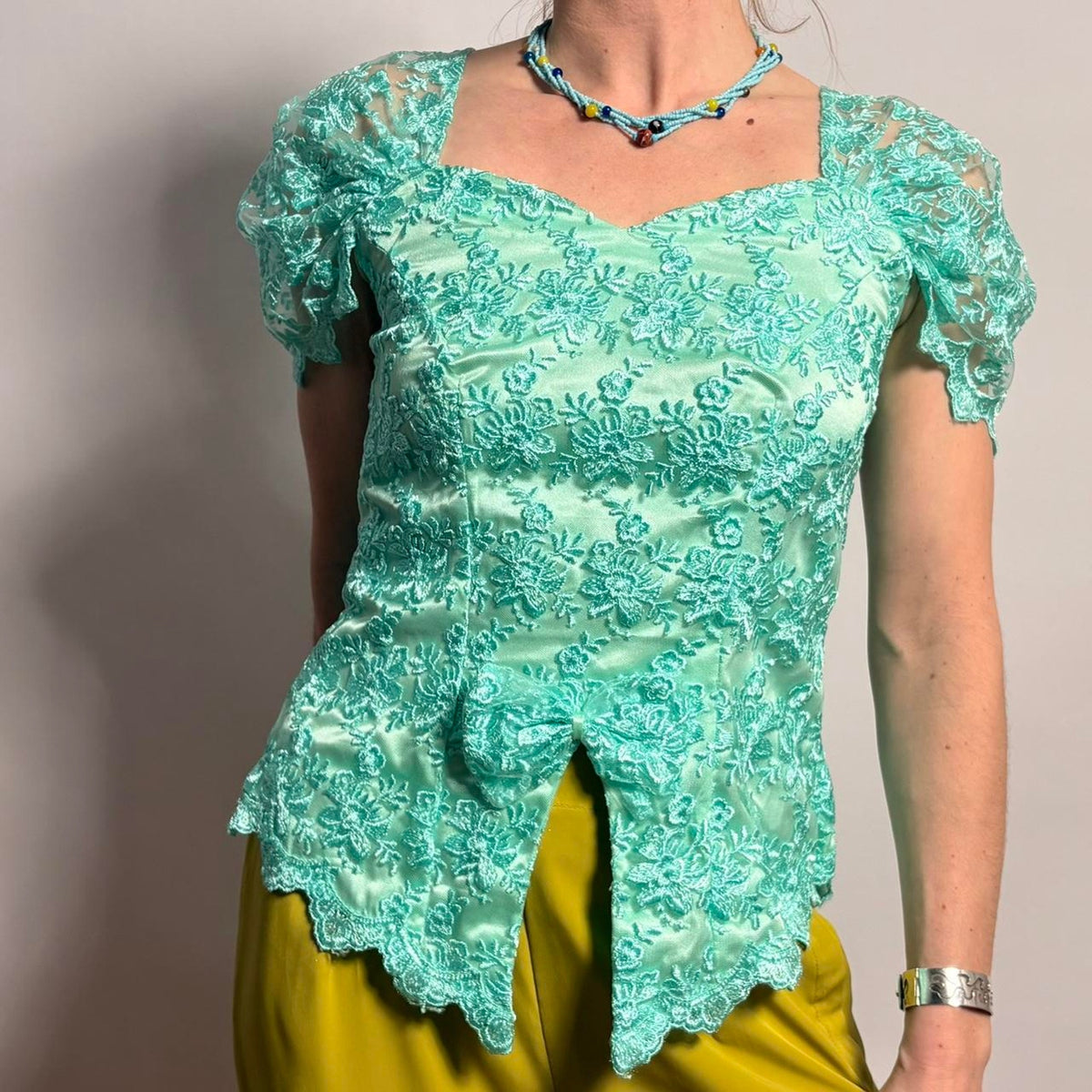 Vintage  Teal Lacy Cap Sleeve Blouse - Asymmetrical Hem- Small