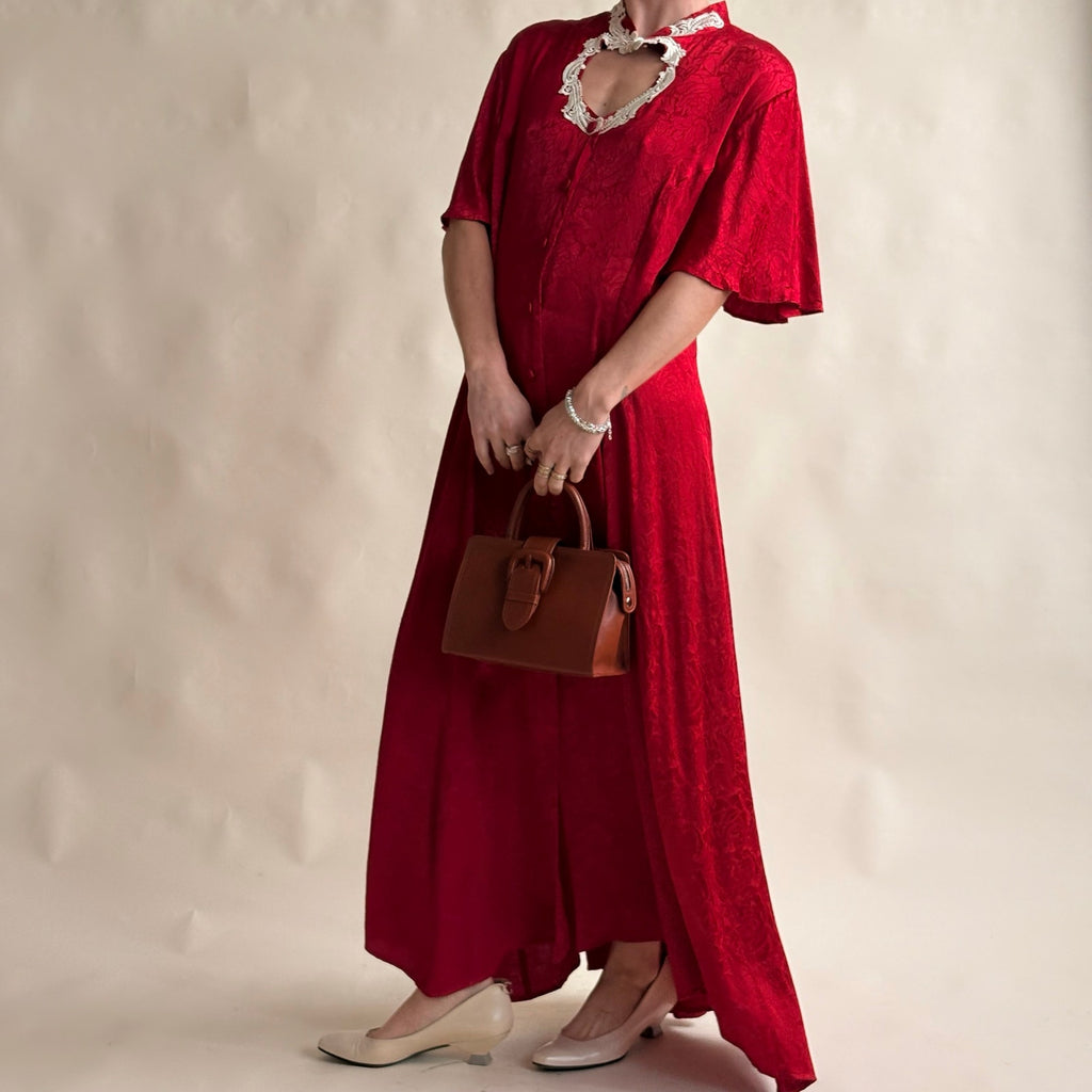 Frederick's of Hollywood Red Satin Rose Jacquard Maxi Dress - Lace Cutout