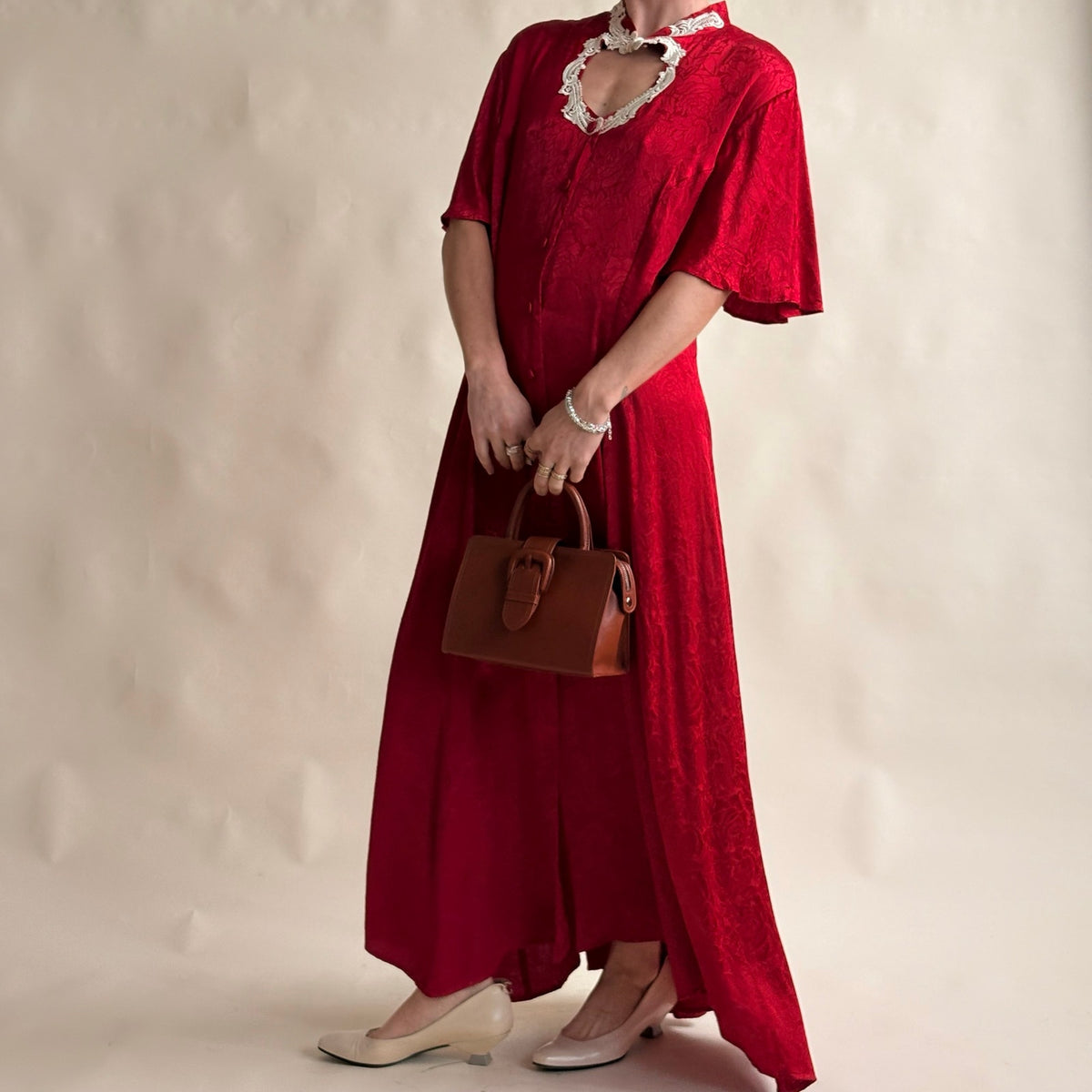 Frederick's of Hollywood Red Satin Rose Jacquard Maxi Dress - Lace Cutout