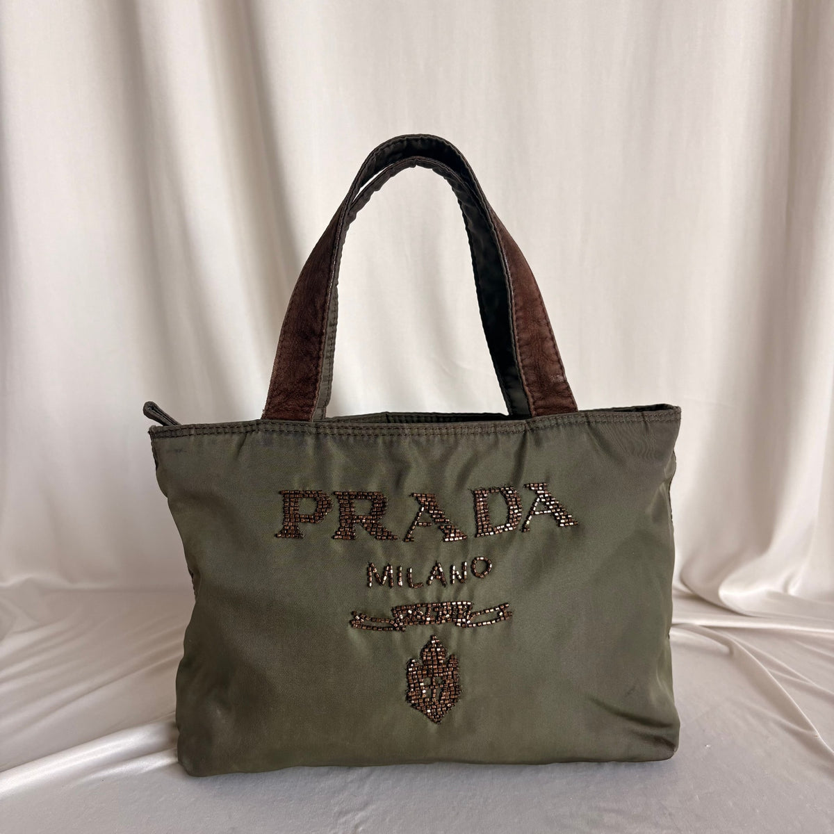 Vintage Prada Olive Green Nylon Beaded Logo Tote