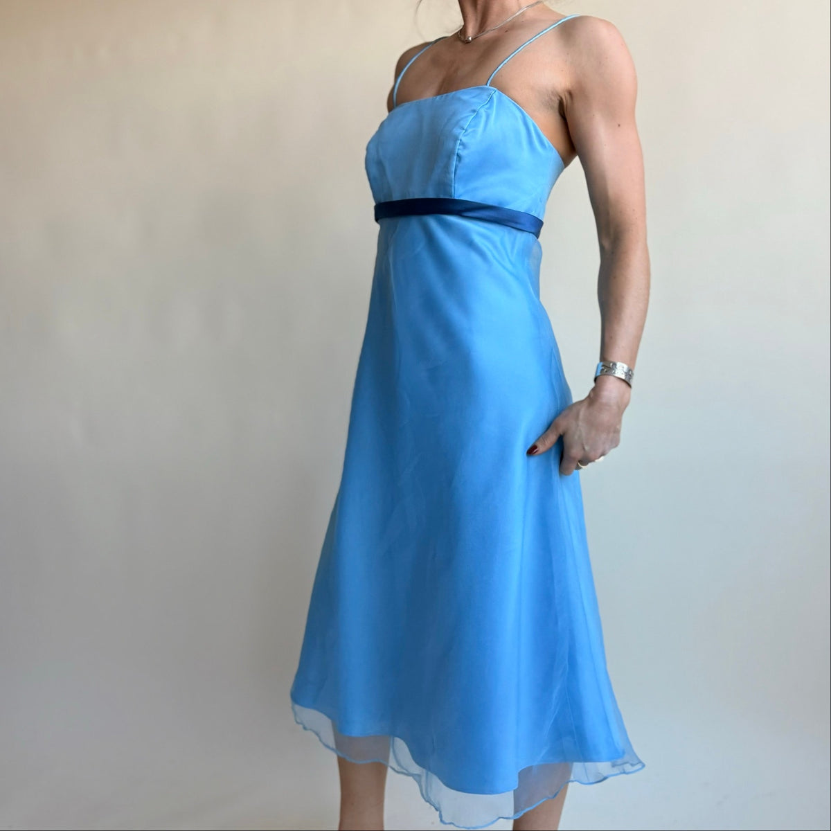 Alfred Angelo Baby Blue Y2K Midi Dress - Square Neck, Ribbon Waist, Size 6