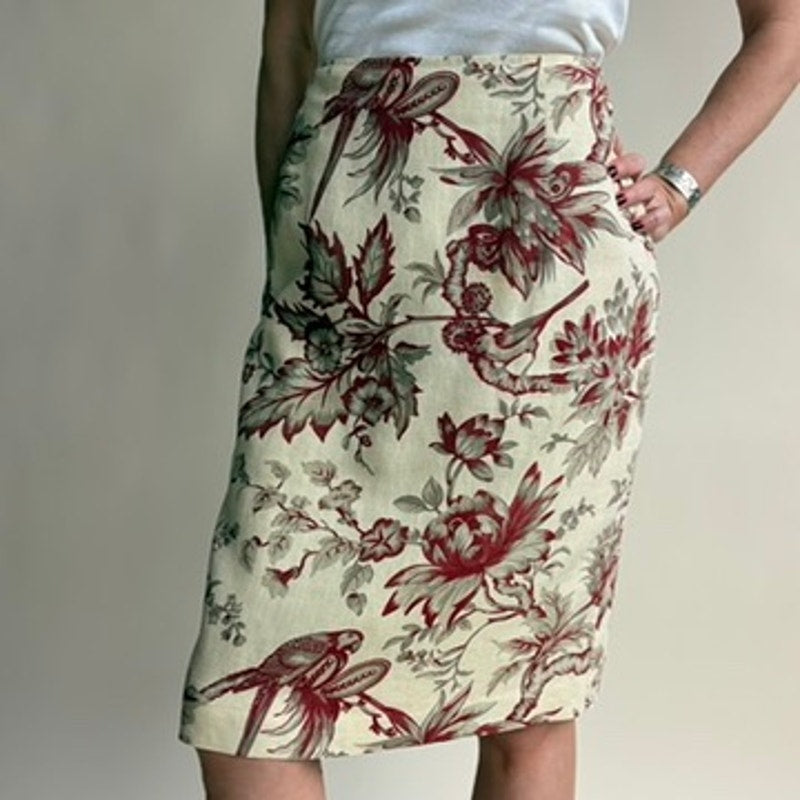 Silk Club Collection Linen Midi Skirt - Cream & Burgundy Floral Bird Print- Size 6