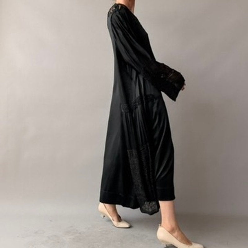 Antique 1920s Black Silk Satin Hand-Beaded Lace Shift Dress