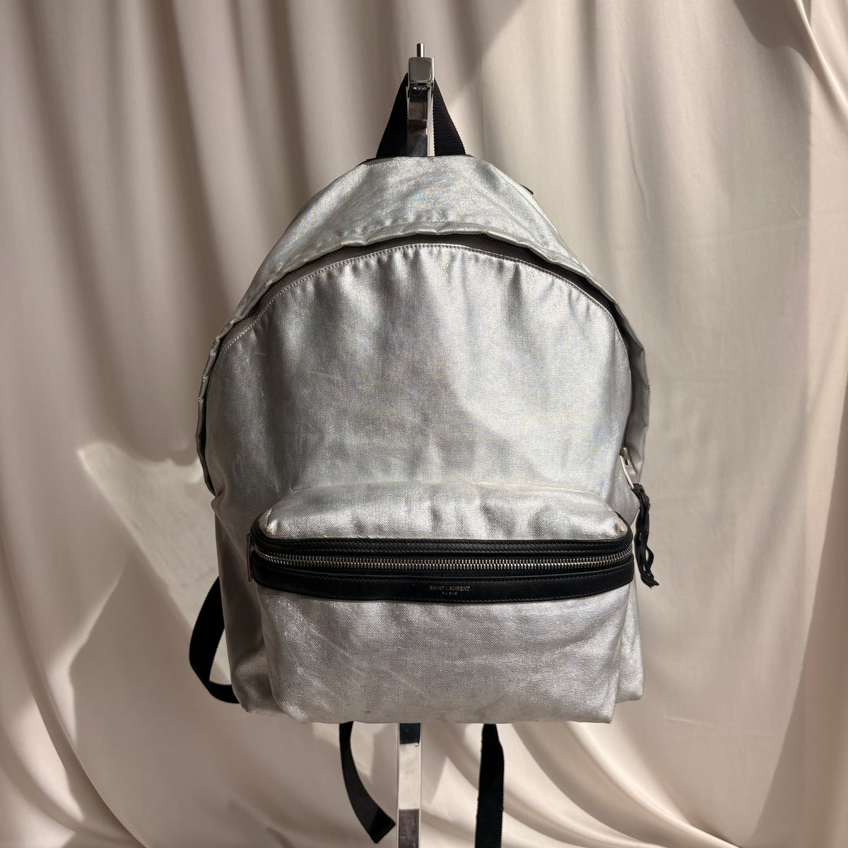 Saint Laurent Silver Metallic Leather City Backpack, 2017