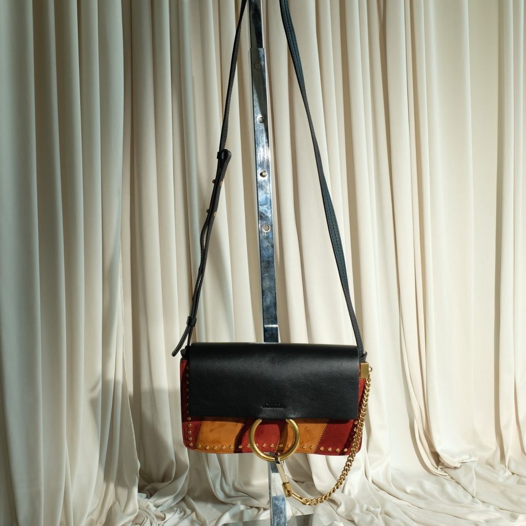 Chloe Brown Studded Suede Faye Crossbody Bag Black Leather