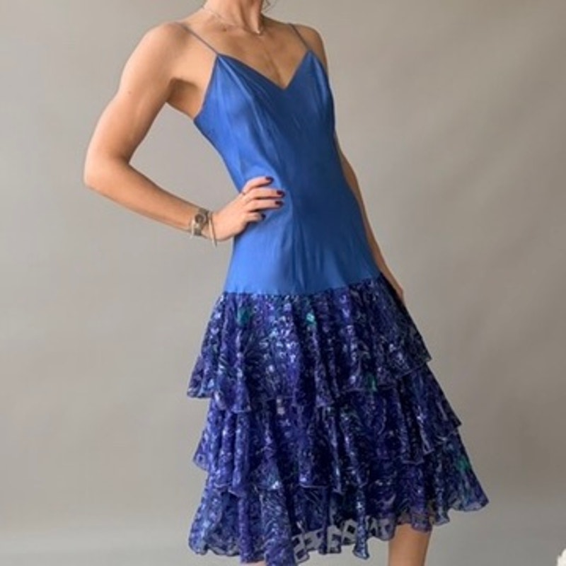 Ann Hobbs for Cattiva Blue Silk Drop-Waist Dress - Peacock Ruffle Tiered Skirt