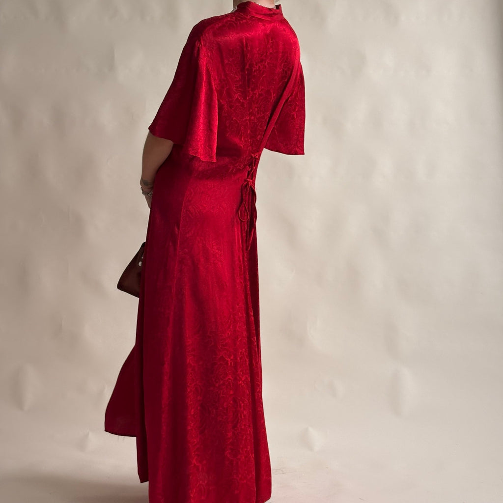 Frederick's of Hollywood Red Satin Rose Jacquard Maxi Dress - Lace Cutout