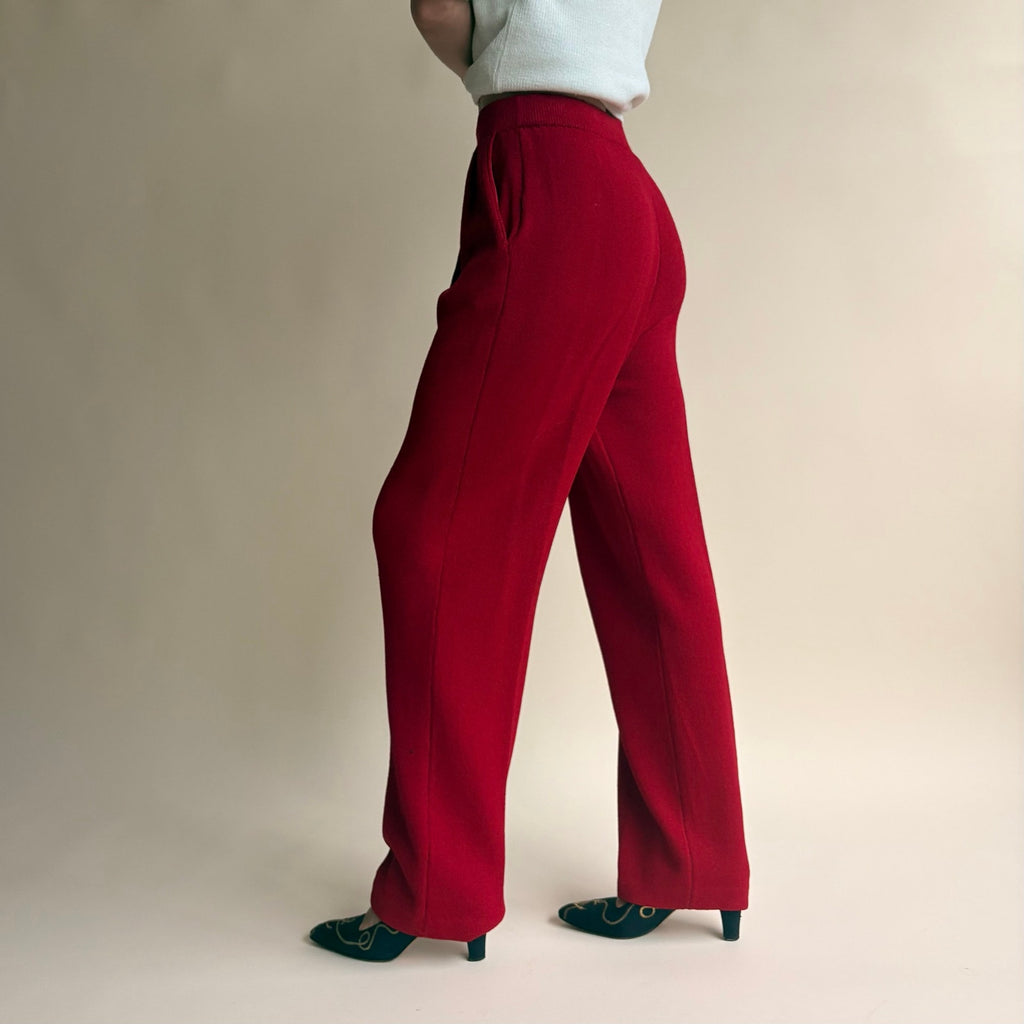 St. John Red Pleated Wide Leg Knit Pants - Elastic Waist, Size 4