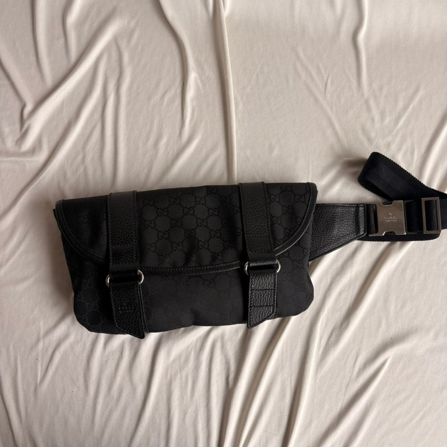 Gucci Messenger Bag Black GG Monogram Nylon, Leather Trim