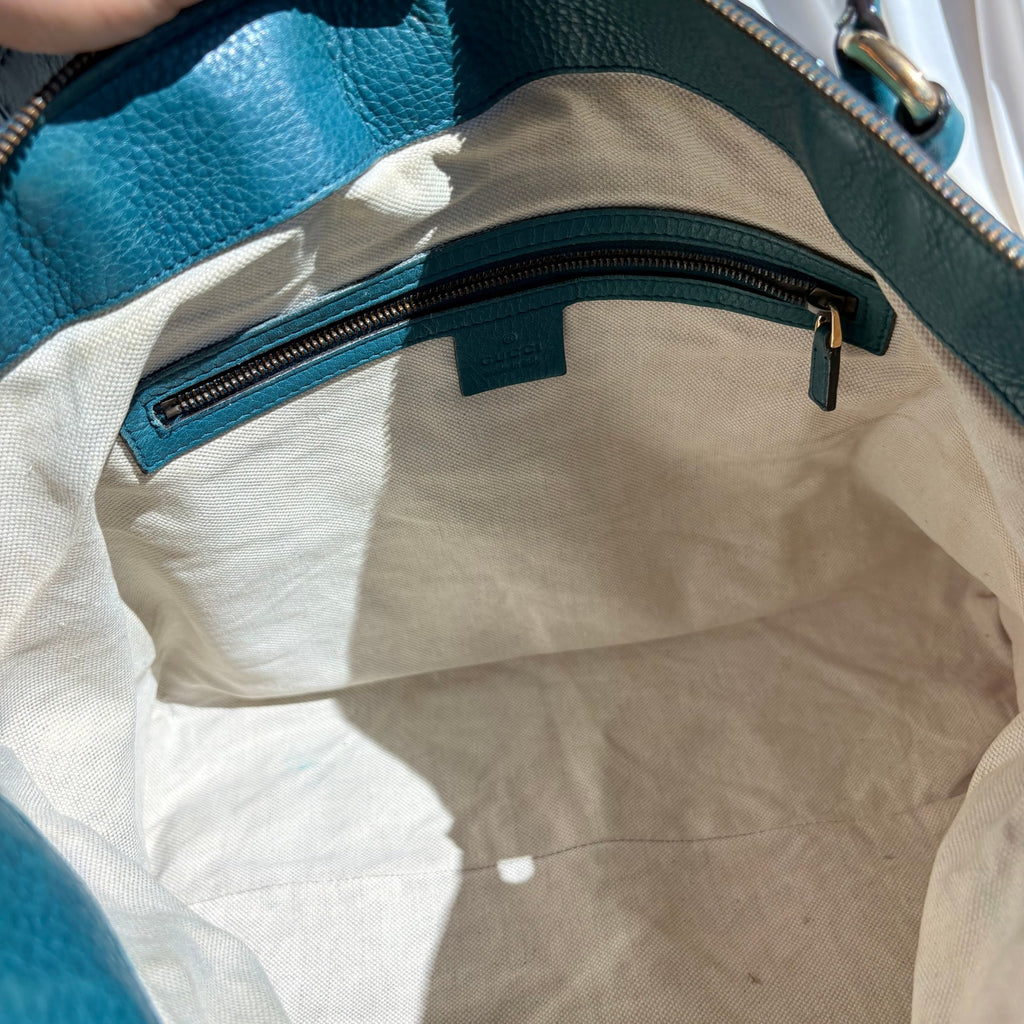 Gucci Medium Ride Top Handle Bag - Teal Pebbled Calfskin Leather, Gold Buckle