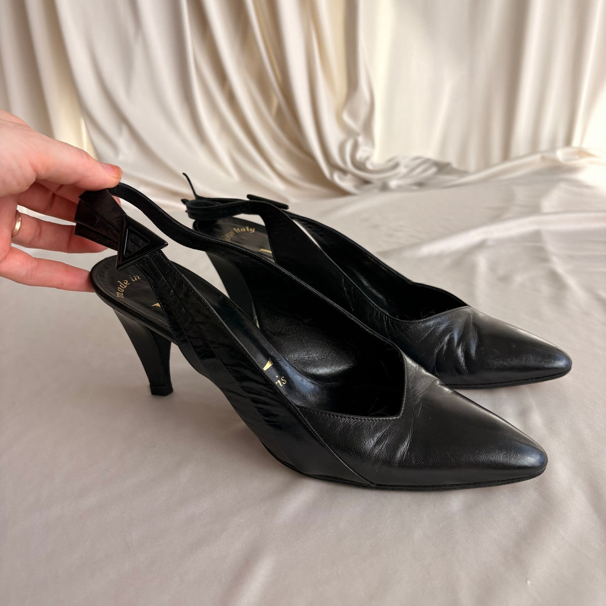 Vintage 80s YSL Black Leather Slingback Heels -  7.5 (fits like a 7)