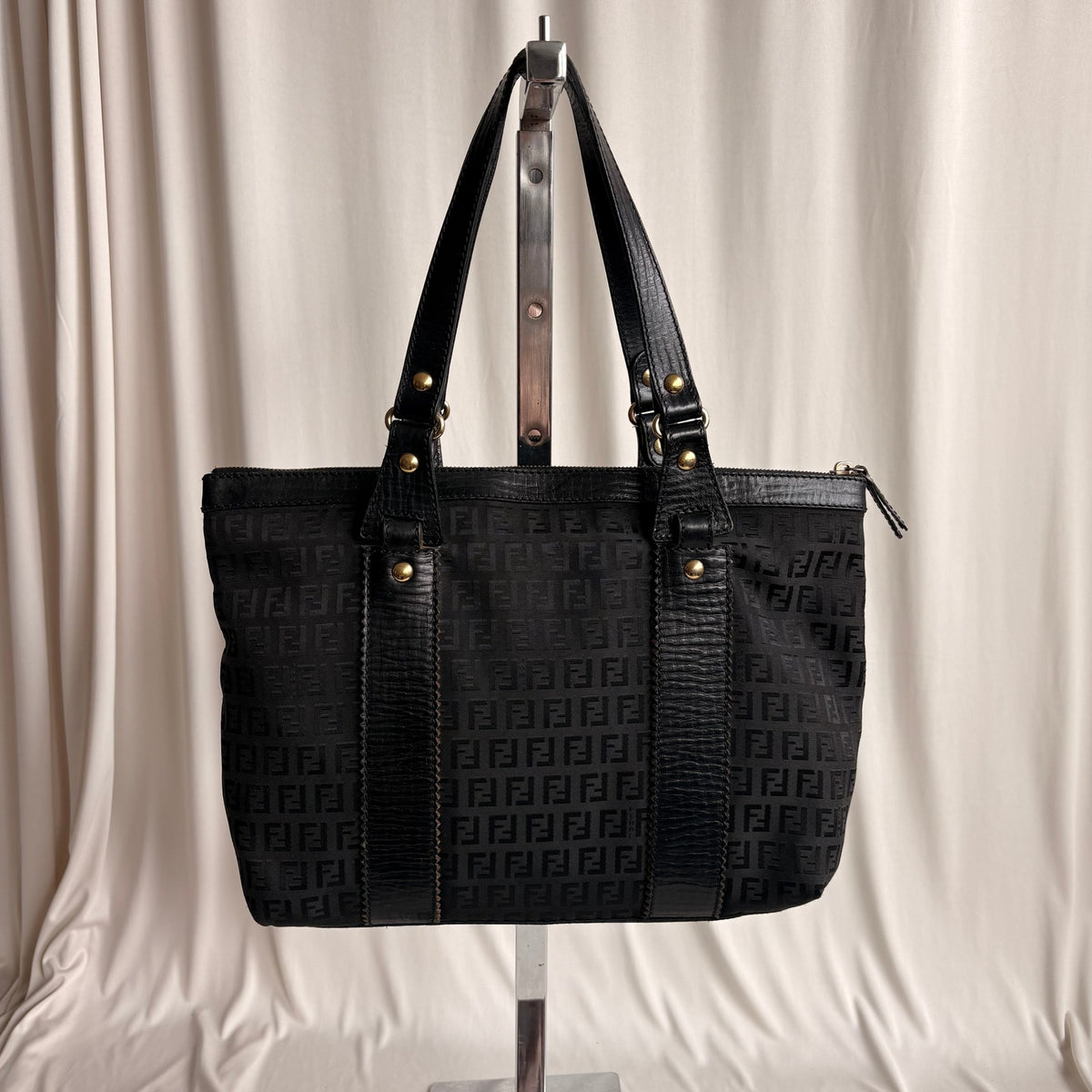 Vintage Fendi Zucchino Black Canvas & Leather Tote - Early 2000s