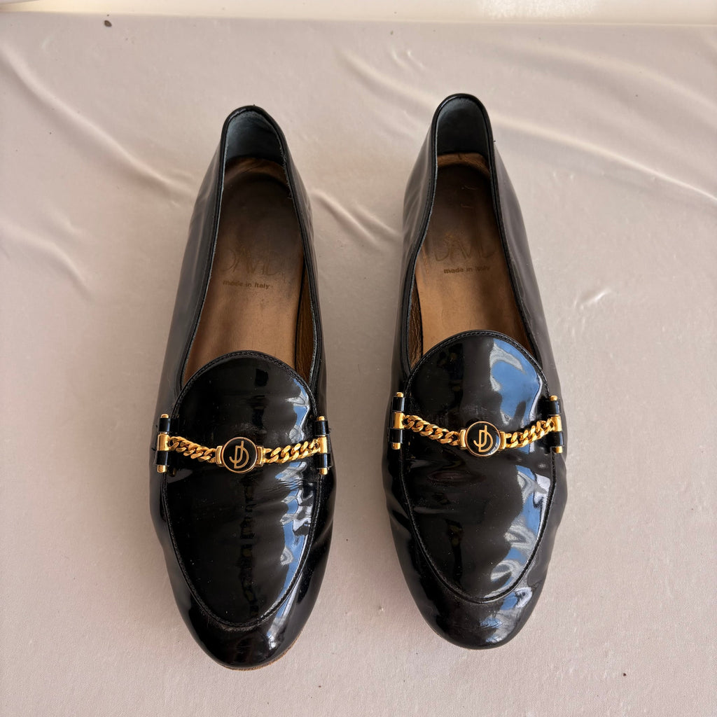Vintage Joan & David Black Patent Leather Loafers - Gold Chain Hardware