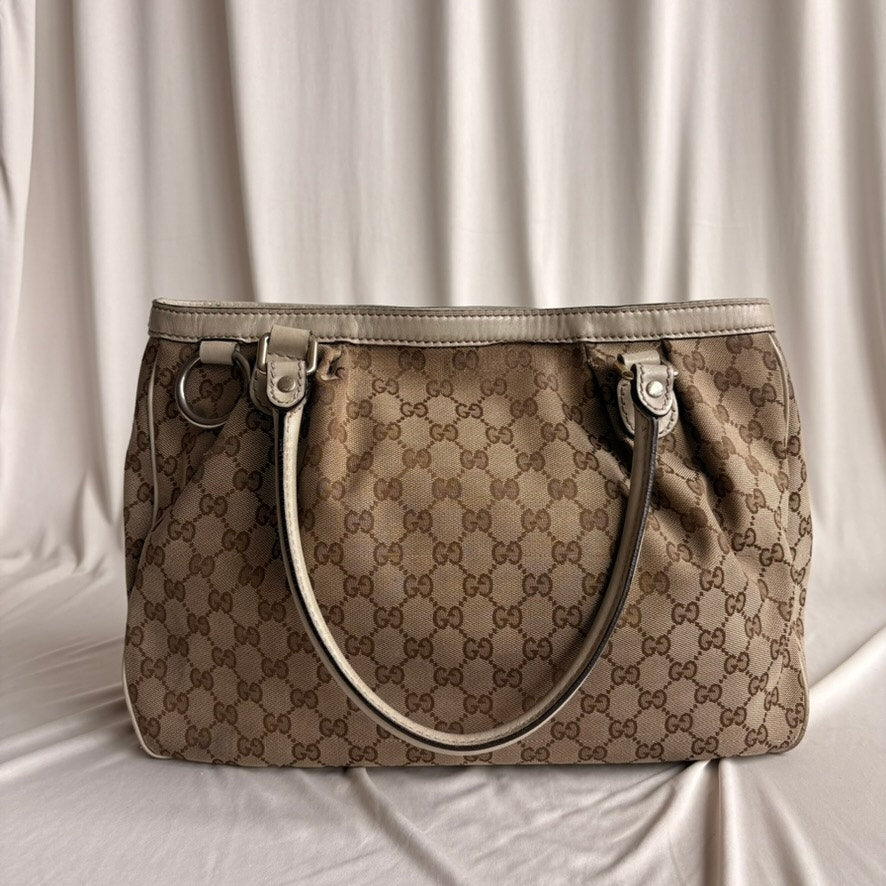 Gucci Sukey Bag Beige GG Monogram Canvas Tote with Cream Leather Handles