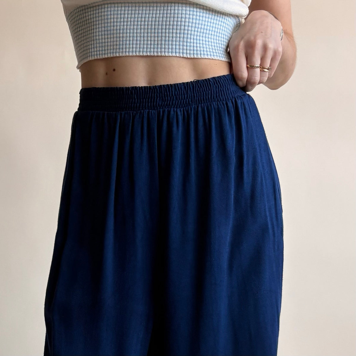 White on White Navy Wide Leg Pants - Small