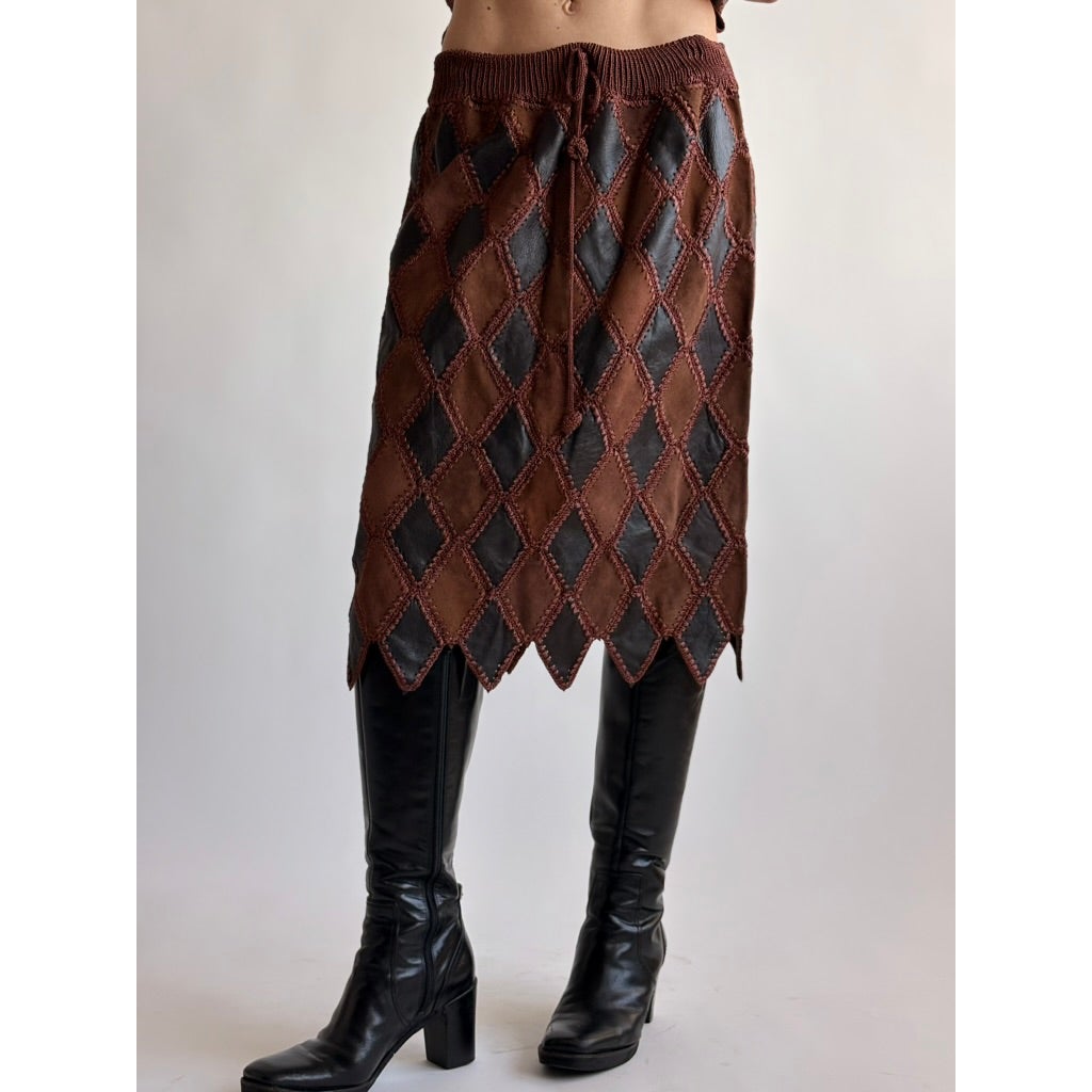 Vintage 1970s Handmade Turkish Diamond Patchwork Leather Skirt