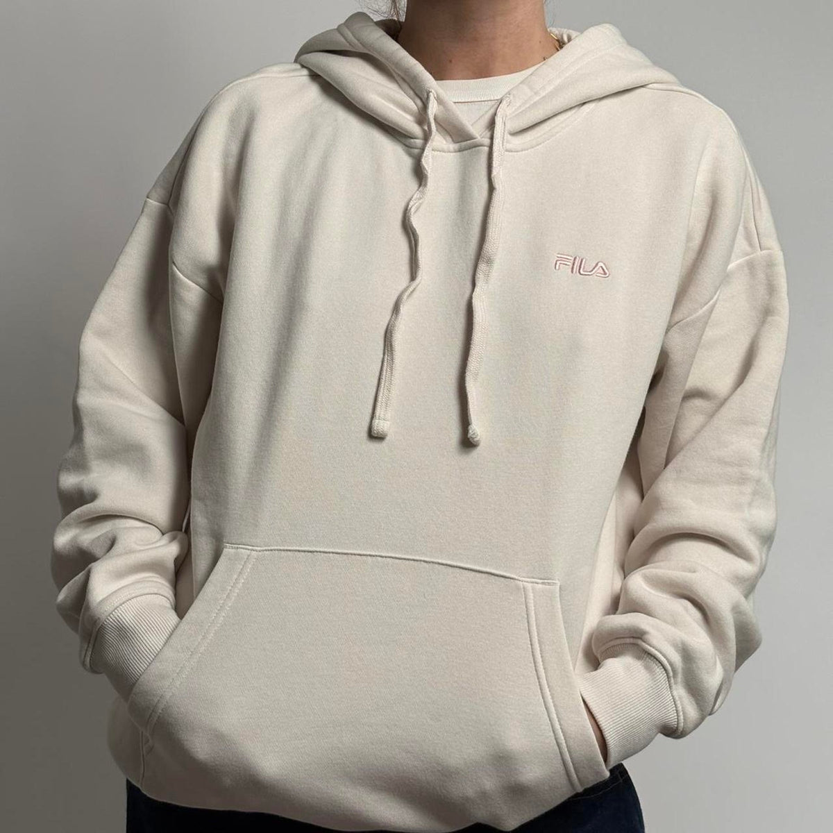 Cream FILA Hoodie | Pink Logo | Cozy Large