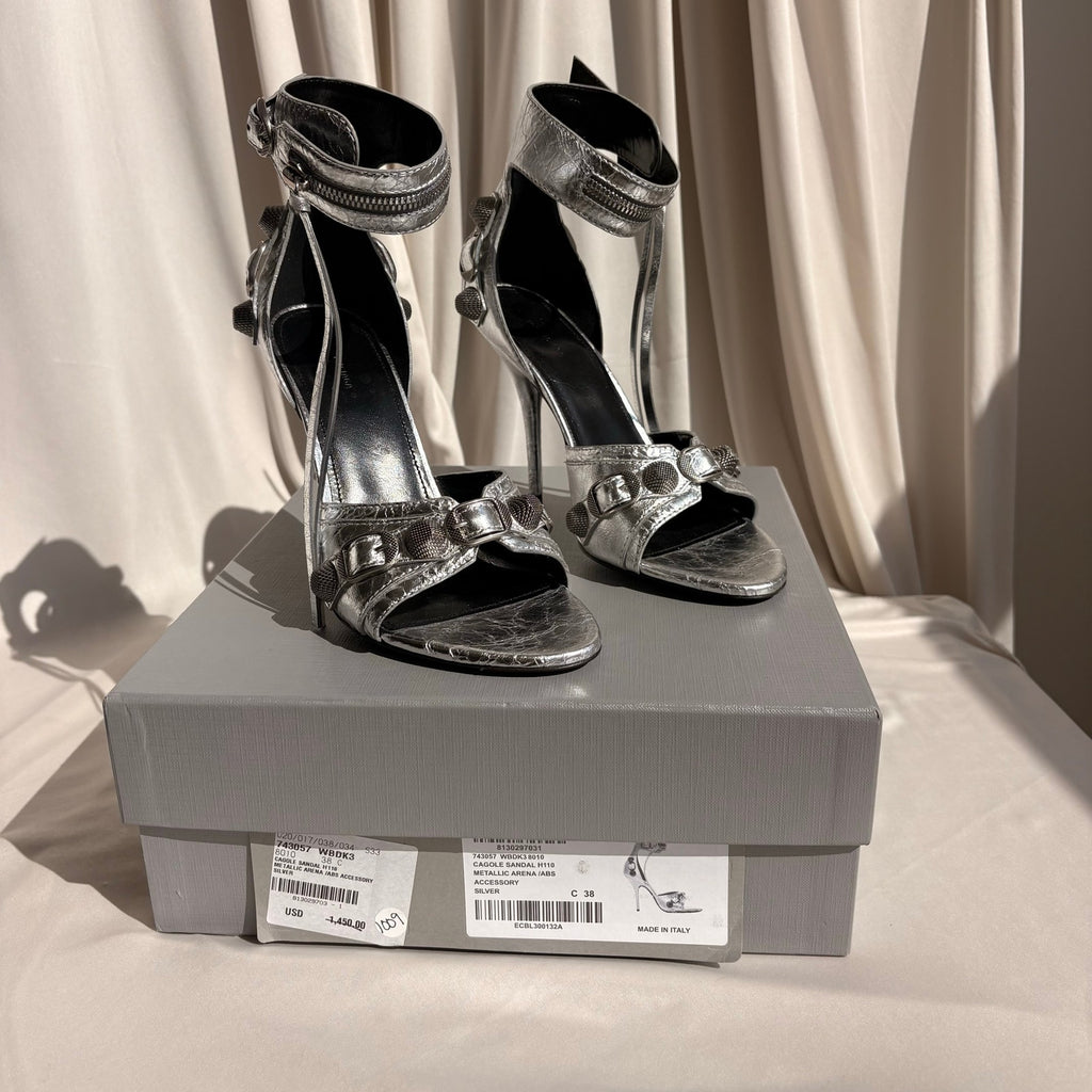 Balenciaga Silver Metallic Leather Cagole Studded Heels
