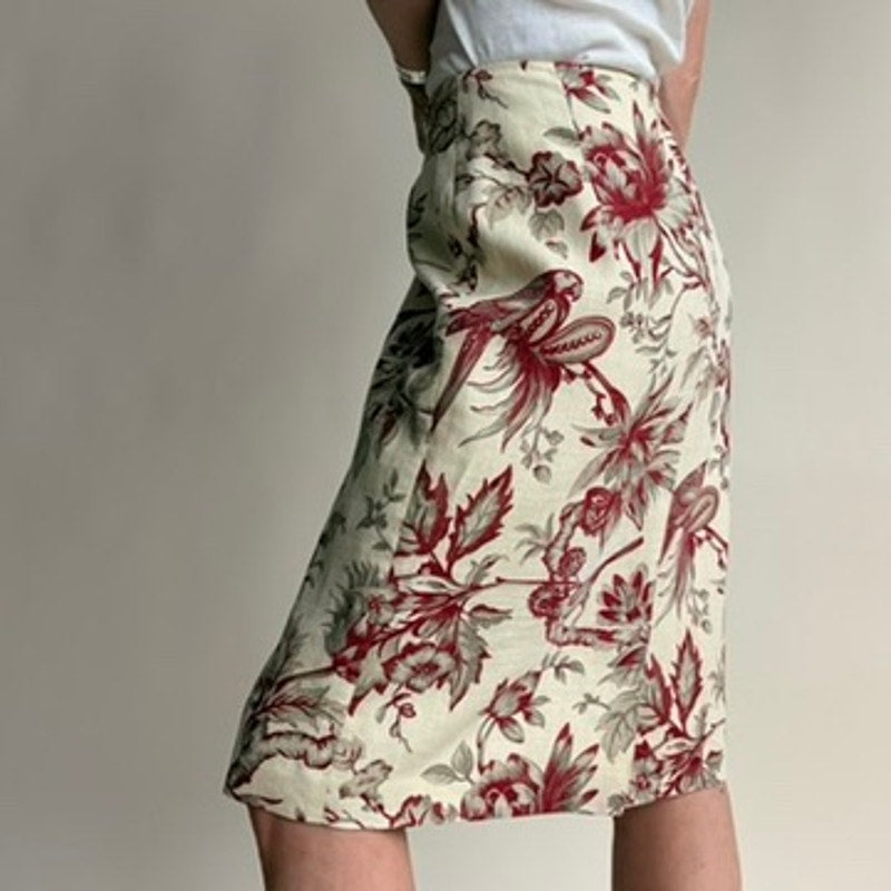 Silk Club Collection Linen Midi Skirt - Cream & Burgundy Floral Bird Print- Size 6