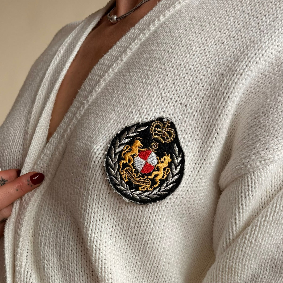 Fall River Knitting Mills Collegiate Cardigan - Embroidered Patches, S/M