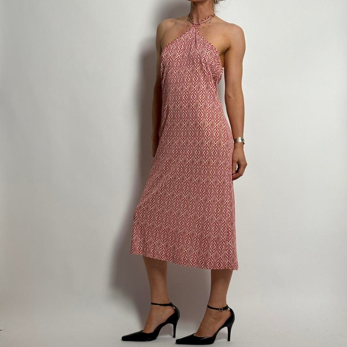 Chloé SS 2001 Pink and White Abstract Mesh Halter Dress - Large